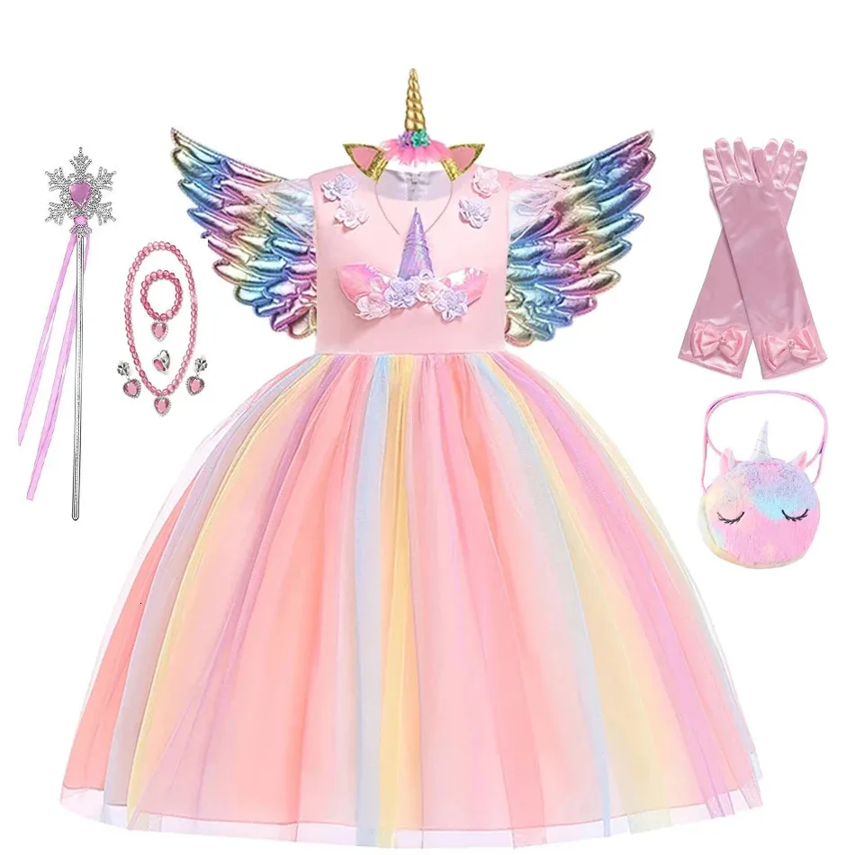 Kids Unicorn Robe For Girls Flower Appliques Robe de bal Costumes de fête élégante Petite fille Princesse robe Enfants Vêtements 240504