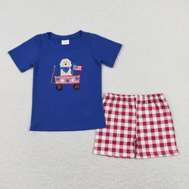 Kleding sets groothandel babyjongen 4 juli zomerset kinderen peuter borduurwerk katoenhond vlag blauw shirt kinderen baby plaid shorts outfit