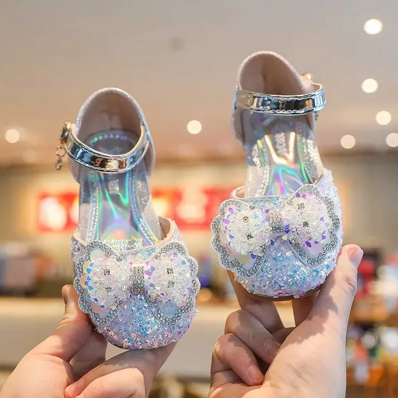 Sandaler flicka halv sandaler sommar kristall paljetter strass prinsessor skor baby mjuk sula ljusa diamant dansa prestanda läder skor