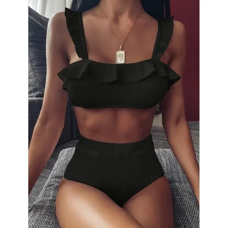 Hög midja simning för kvinnor Sexig svart badkläder push-up baddräkt Biquini baddräkt strandkläder ruffle bikini set 2021