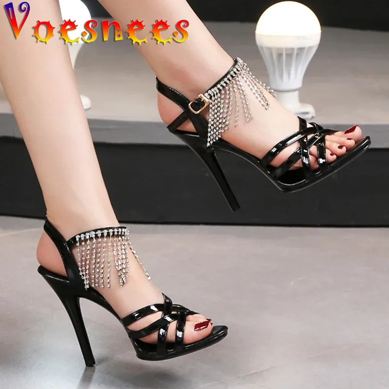 Mode sexy Gladiator Sommer Pu Women Schuhe 11 cm dünne High Heels Sandalen Slipon geöffnet Zeh Schwarz Kleid große Größe 3443 240424