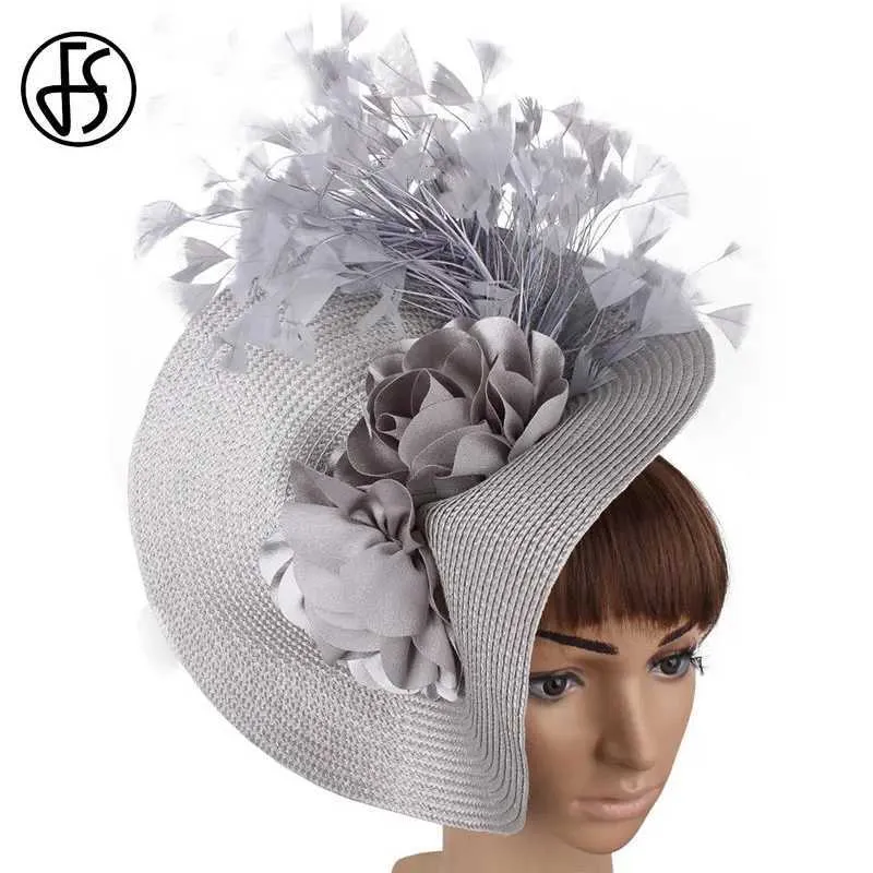 Wide Brim Hats Bucket Hats FS Imitation Straw Big Derby Fascinator Hat For Wedding Women White Flower Headpiece Headband Fancy Feather Race Hair Accessorie Y240426