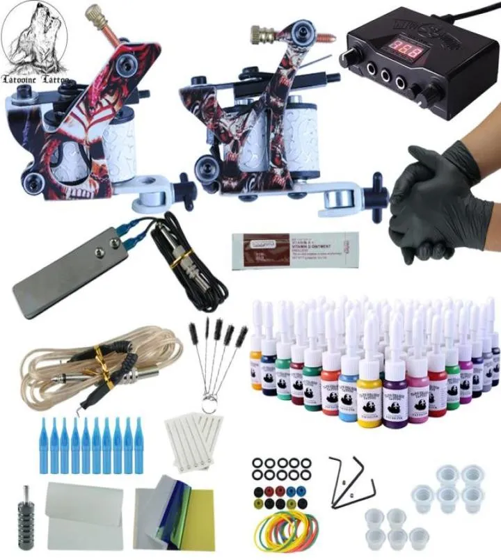 Complete tattoo kit 2 kanonnen onsterfelijke kleur inkten voeding tattoo machines naalden accessoires kits permanente make -up kit1133643