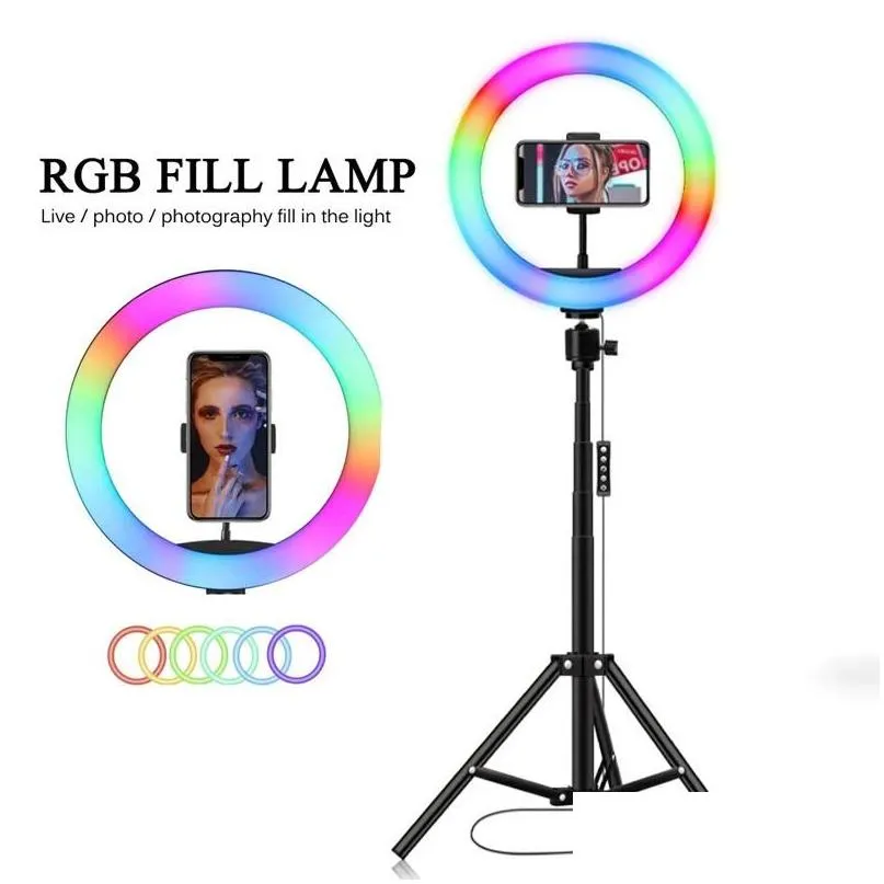 Accessoires de photographie de téléphone portable lumineux Selfie Ring Light 10 pouces RVB P ography LED Rim of Lamp With Mobile Holder Support Trépied S Dhuyi