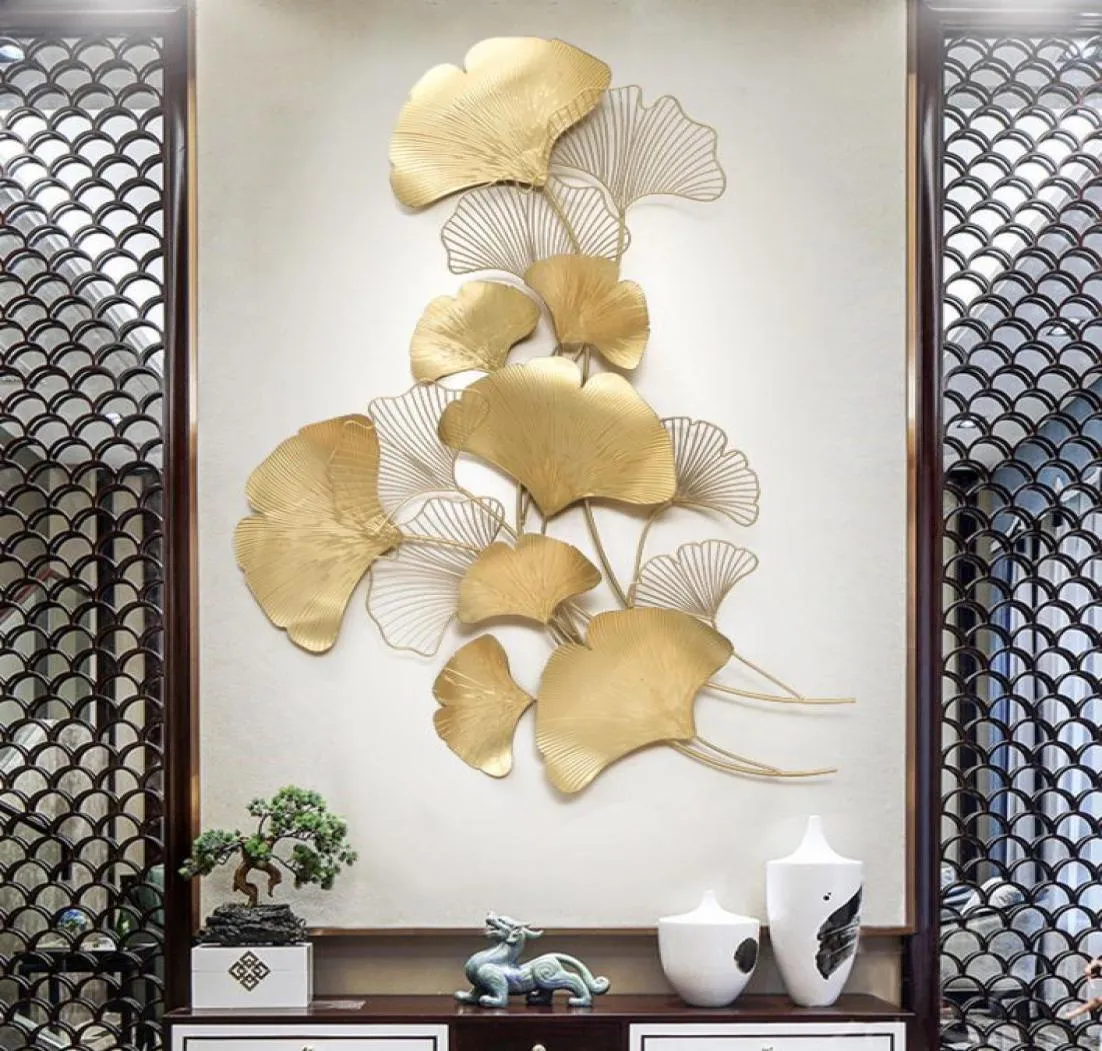 Modern Luxury Wrought Iron Wall Hanging Ginkgo Leaf Crafts Decoration Home Background Wall Sticker Porch Metal Mural Accessories L7381713