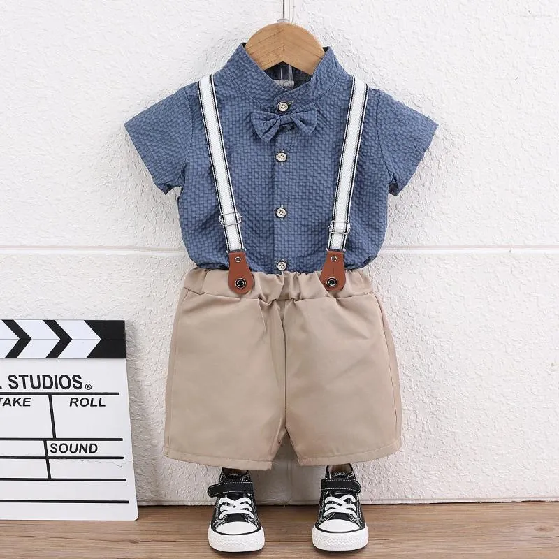 Kläder set baby pojke sommarkläder koreanska solida korta ärmskjortor overaller två stycken träning för barn pojkar designer kostymer kläder set