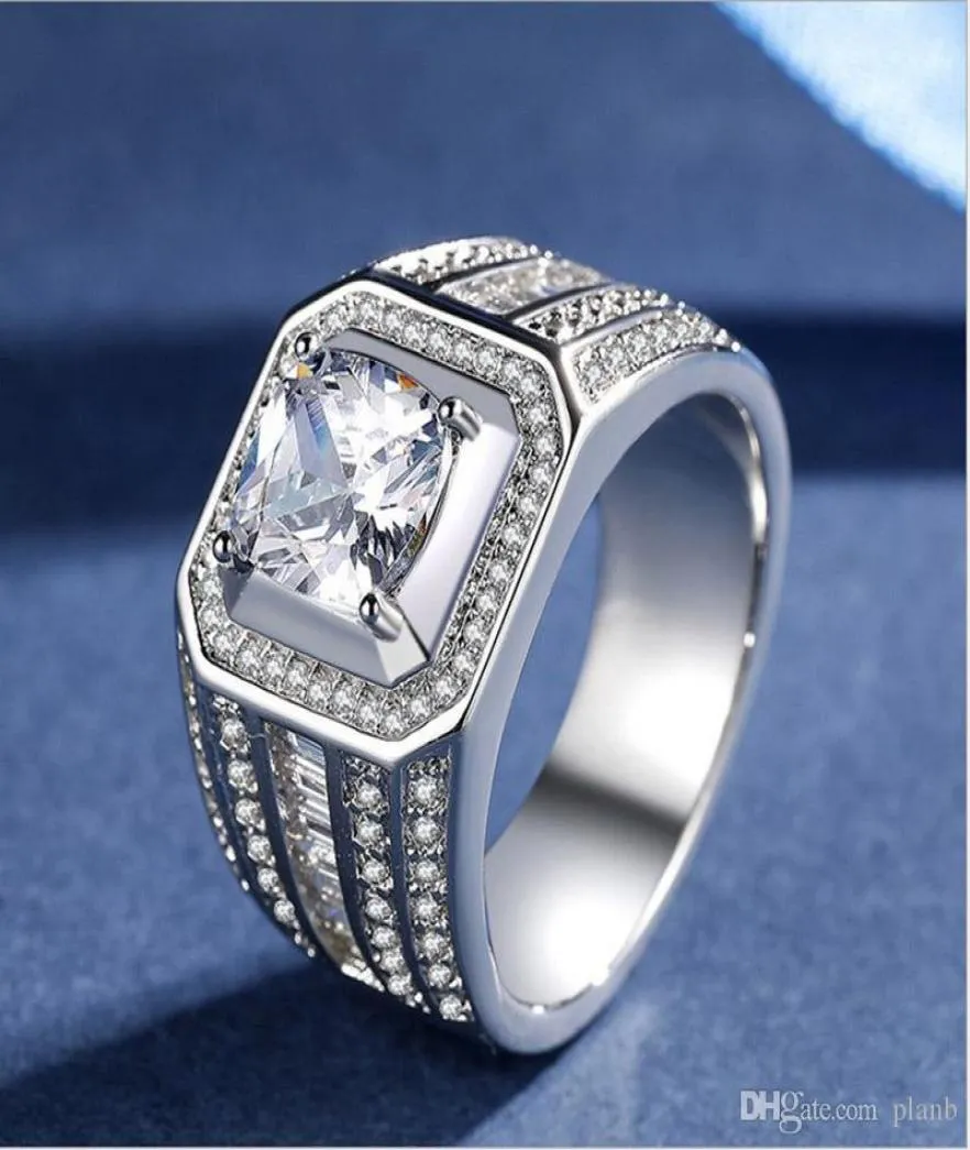 Anel de luxo masculino 925 prata CZ Diamond Men White Gold Rings Gift Wedding Platinum Jewelry8263986