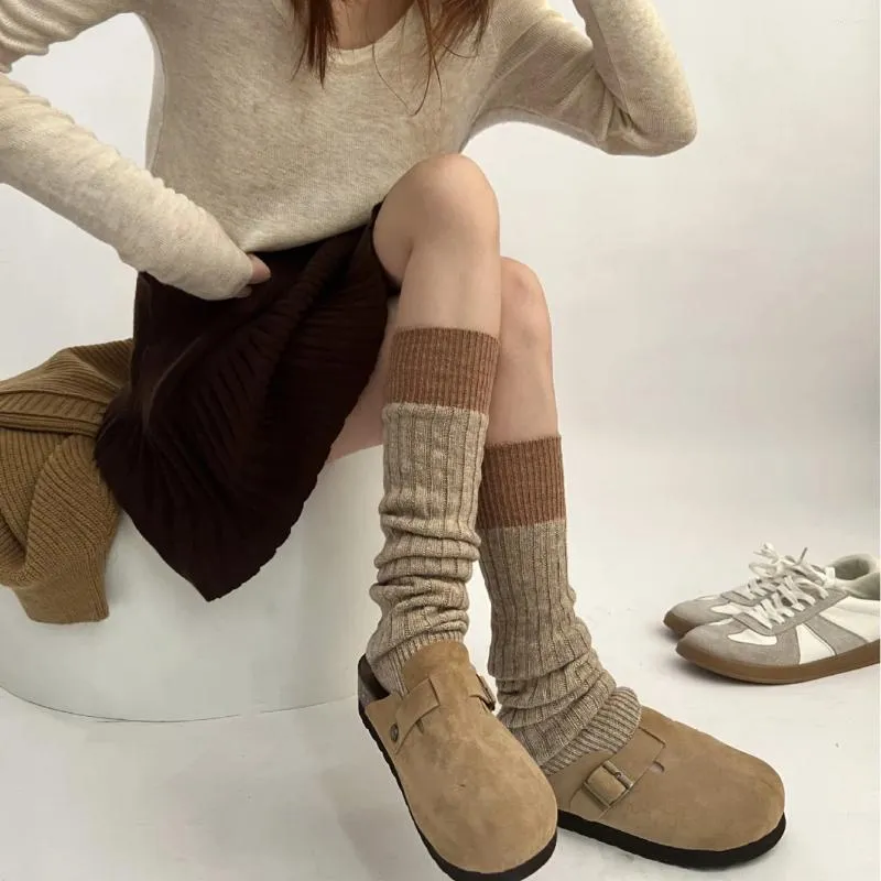 Vrouwen sokken winter gebreide warme schapenwol tegenkolor lolita modebuis kalf sok voet deksel schattige stijl y2k bovenkleding Japans los