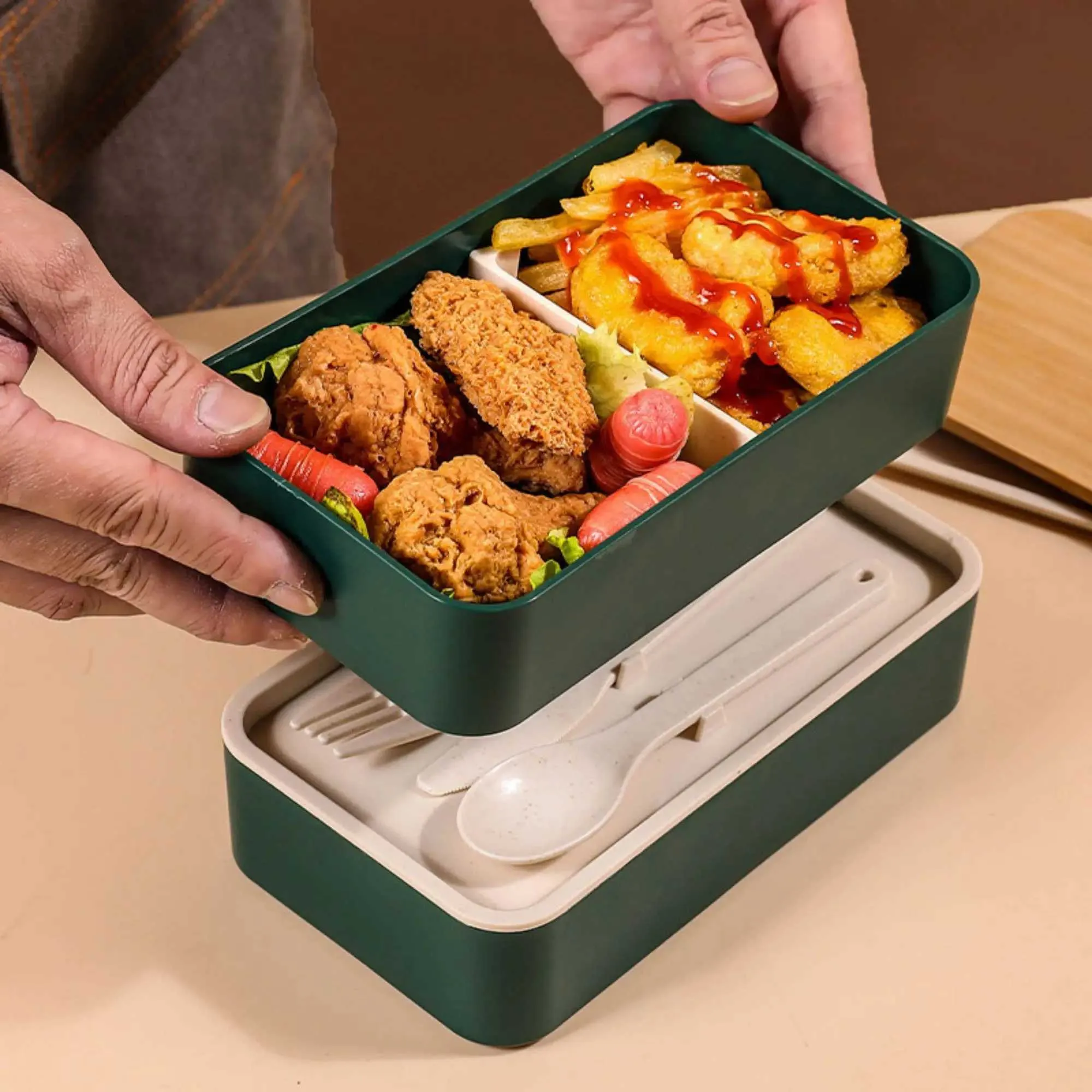 Bento Boxes 1pc Bento Boxortable Leak-Proof trärunchlåda med bordsartiklar Double Layered Lunch Box för kontorsarbetare Student Lunch Box