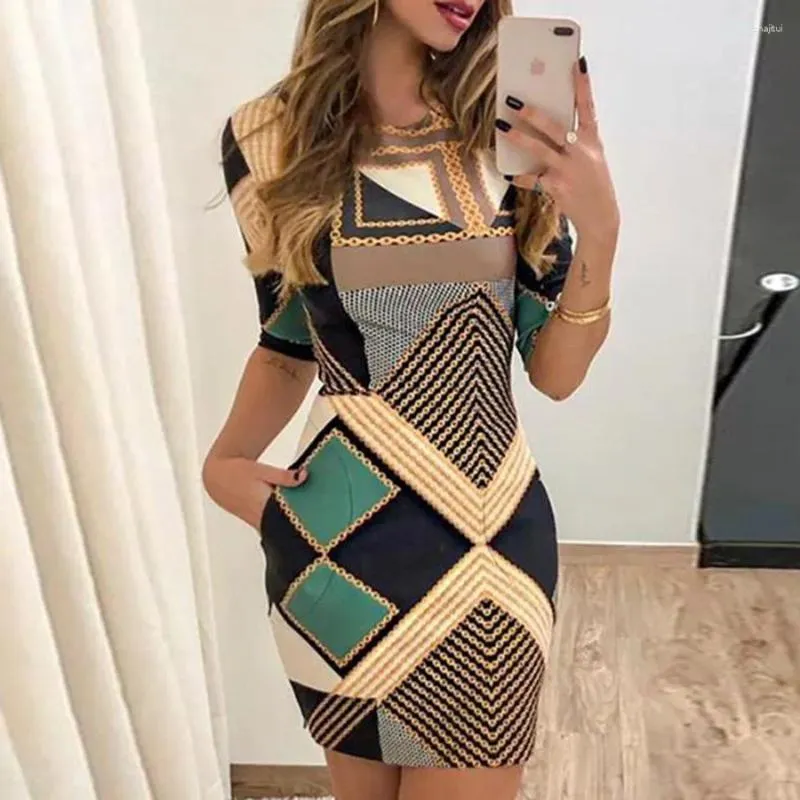 Party Dresses Pretty Girl 2024 Fashion Geometry Print Pocket Design Casual Round Neck Short Sleeve Slim Fit Mini Dress