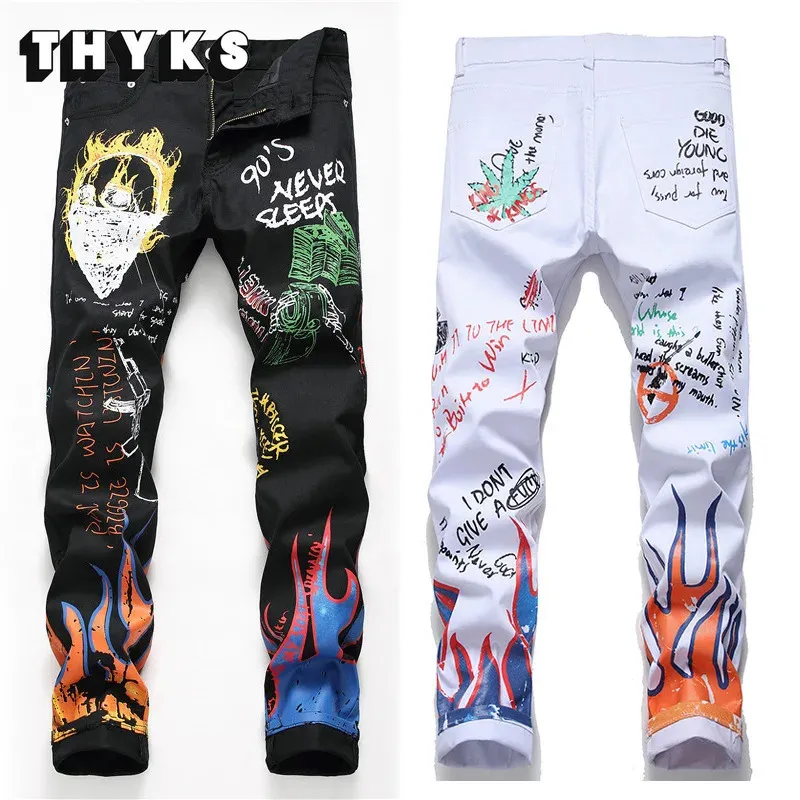 High Street Print Graffiti Jeans Men solto de hip-hop harajuku skinny esportes tendência casual tendência reta longa calça jeans masculina 240424