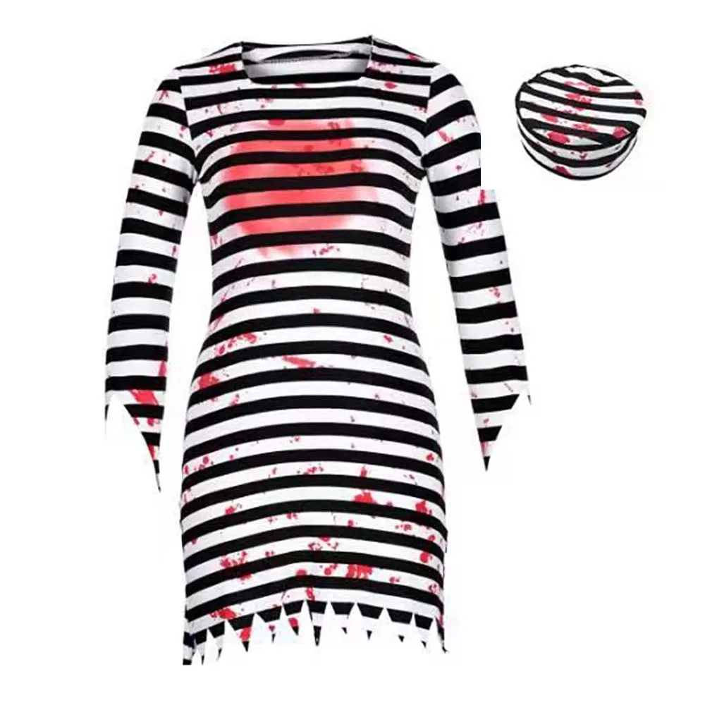 Frauen Party Cosplay schwarzer weißer Streifen kriminelle Zombie -Gefangene Kostüm