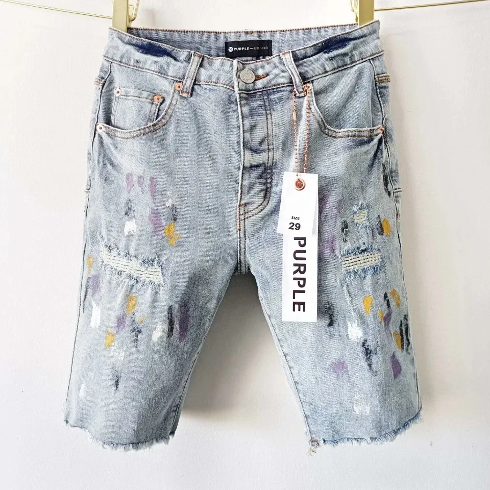 Paarse merk jeans shorts street trend heren raw rand inkt splatter verf midden broek stretch skinny fit gat patch denim 240415