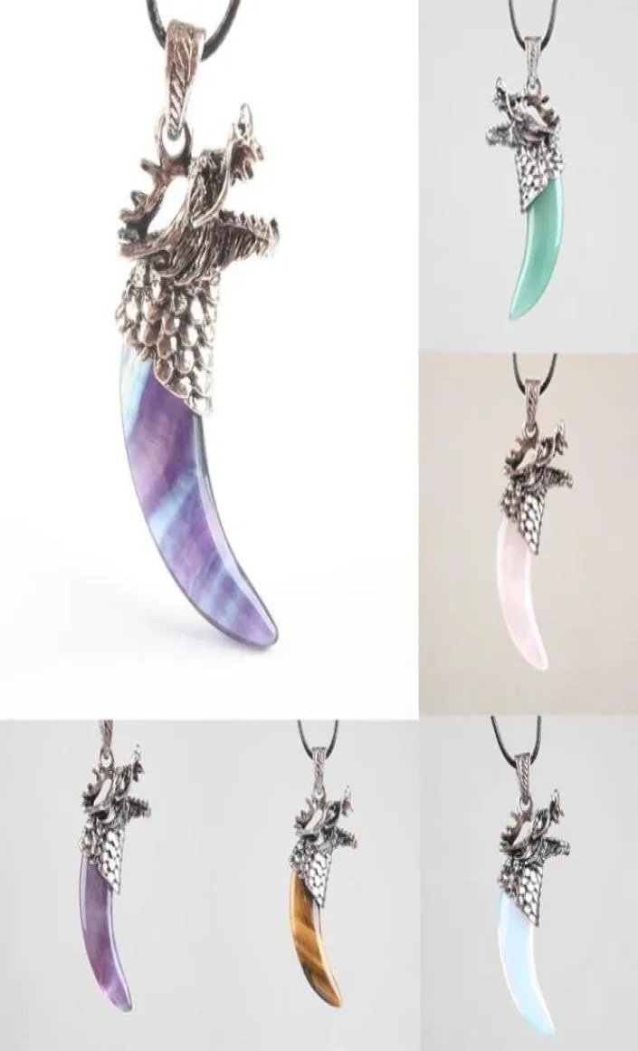 Pendant Necklaces 18 Kinds Material Dragon Tooth Shape Quartz Opal Aventurine Obsidian Fluorite For Men Jewelry 1PCS7203364