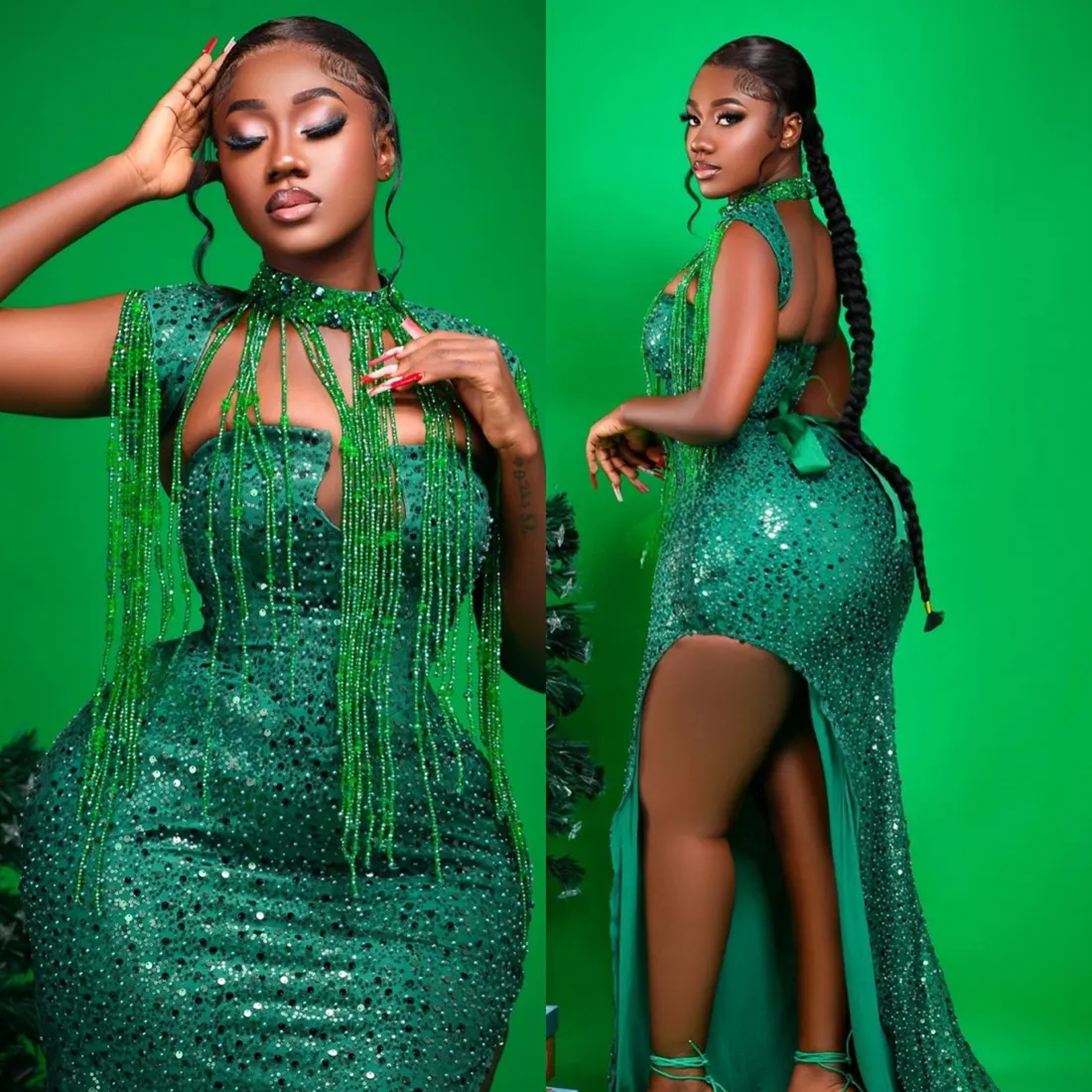 Beaded Flowers High Slit Prom Dress Dark Green Plus Size main image 1