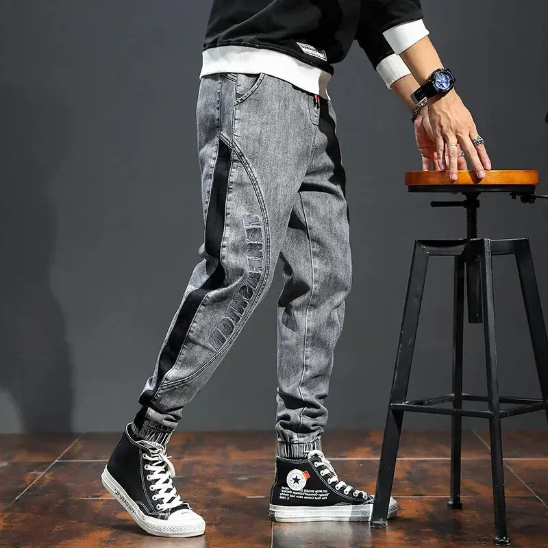 Erkek Moda Pantolon Elastik Band Aşırı Kilolu Büyük Boy Kot Patchwork Sokak Giyin