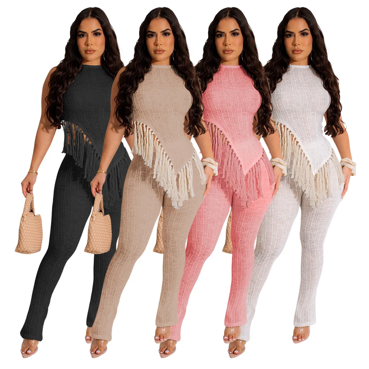 Kadınlar İki Parçalı Kıyafet Yaz Knits 2 PCS Set Beyaz Siyah Pembe Saçak Asimetrik Tank Top Uzun İnce Pantolon Takım Kıyafetler