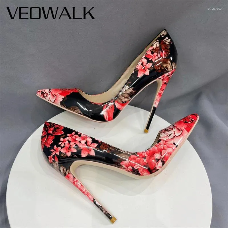 Klänningskor Veowalk Gothic Red Flower Print Women Sexig Point Toe Stiletto Pumps 8cm 10 cm 12 cm High Heel för svarta kjolar