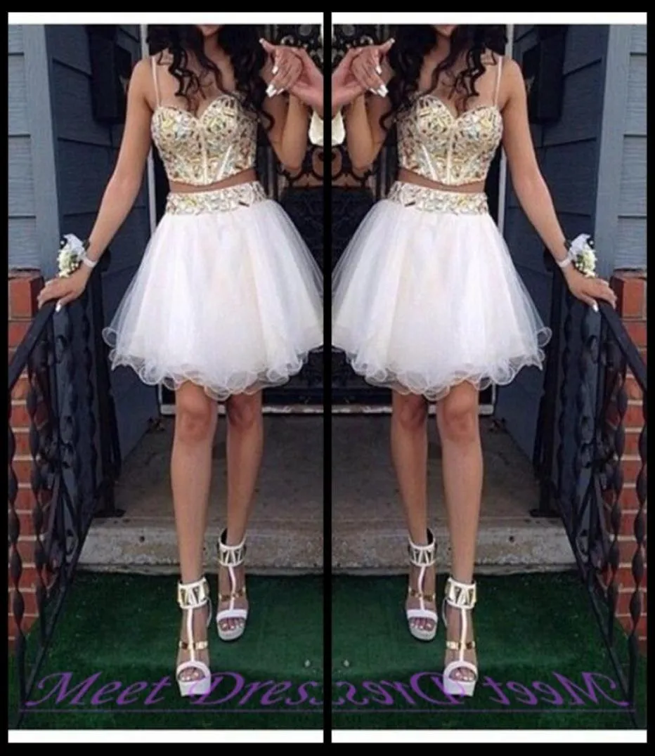 2020 Cheap Two Piece Ball Gown Homecoming Dresses With Gold Beaded Straps Tulle White Short Prom Dress Sweet 16 Gown9312777