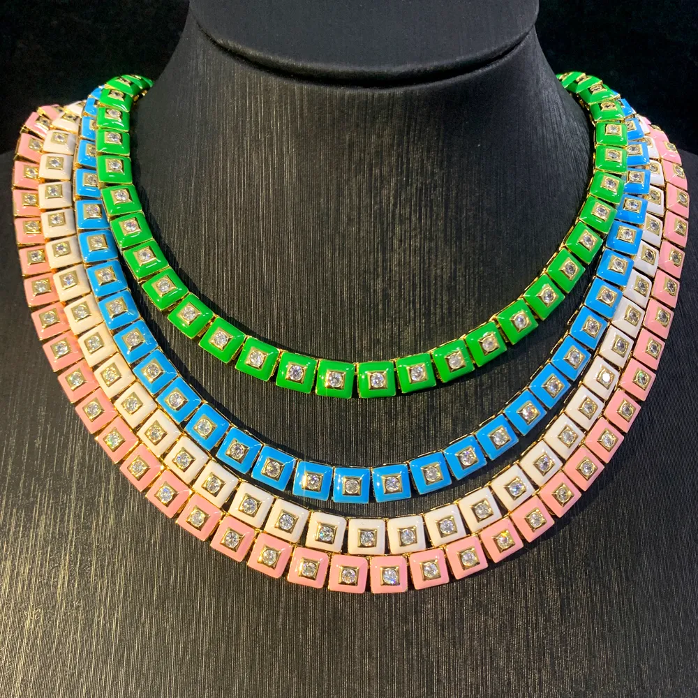 Ny fyrkantig bling CZ Neon Emamel Colorful Tennis Chain 16 "Choker Halsband Luxury Women Wedding Present Fashion Jewelry