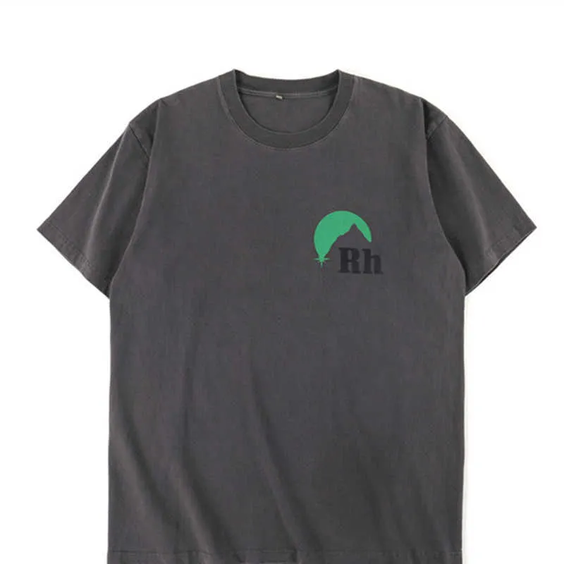 High Quality Original Rhuder Designer t Shirts High Street Worn T-shirt Street Oversize Loose Short Sleeve Tee Mens Print Flash Hand Sunset with 1:1 Logo