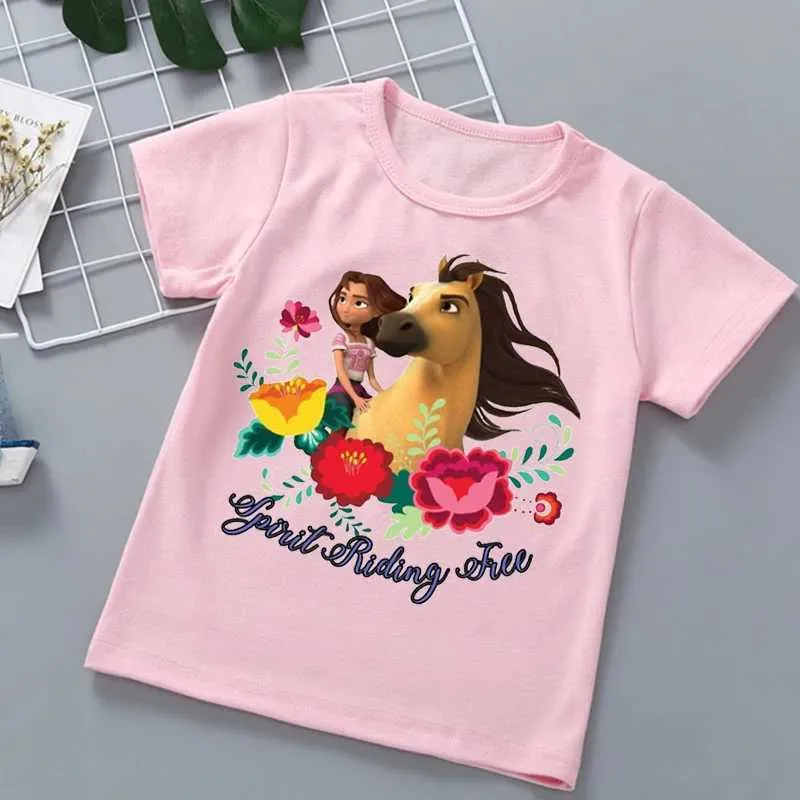 T-Shirts 2024 Hot Spirit Mustang T-Shirt Girl T-Shirt Anime Kleidung Cartoon Childrens Kleidung lustige Kinderkleidung Kleidung Pink Hemd T-Shirt Topl2404