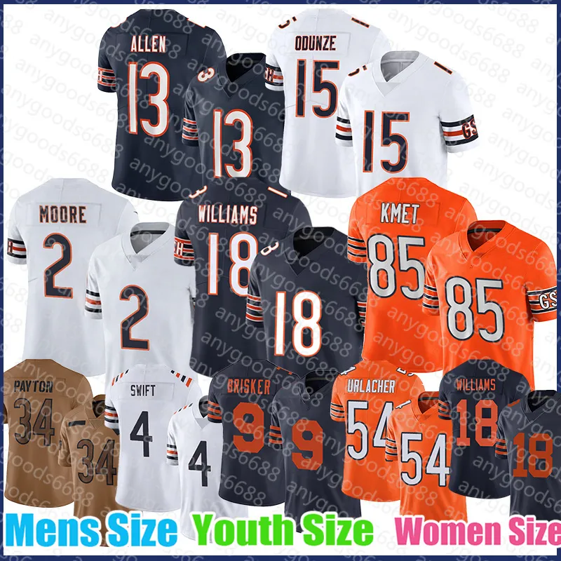 2 DJ Moore Football Jersey Cole Kmet Tremaine Edmunds 18 Caleb Williams Man Jaquan Brisker Rome Odunze Keenan Allen Walter Payton D'Andre Swift Brian Urlacher