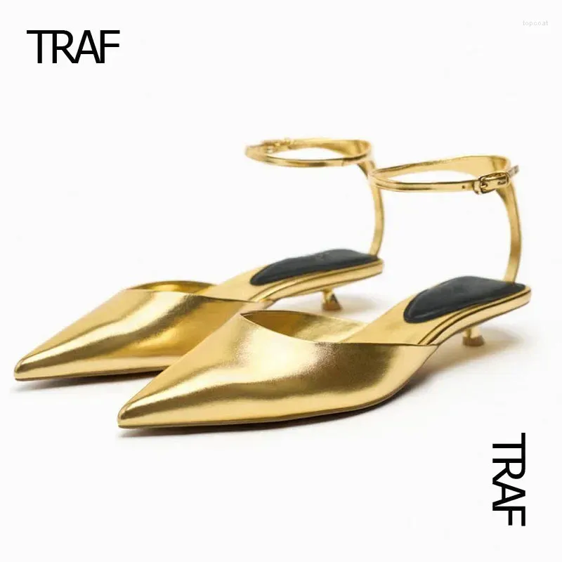 Scarpe casual traf gattino oro tacchi donne slingback puntato in punta di punta per donna pompe per matrimoni da donna tacco moderno moderno