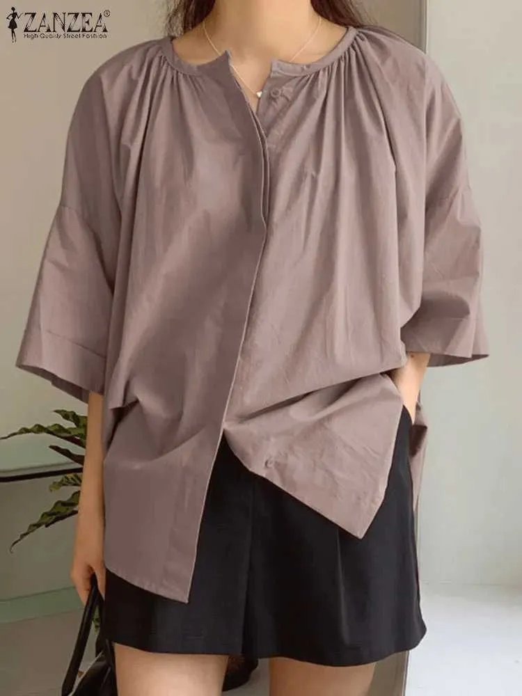 Blouses-shirts voor dames 2023 Zanzea Fashion Solid Color Blouse Summer O-Neck Halve Slve Tops Vrouwelijk losse tuniek shirt vrouw elegante chemise y240426