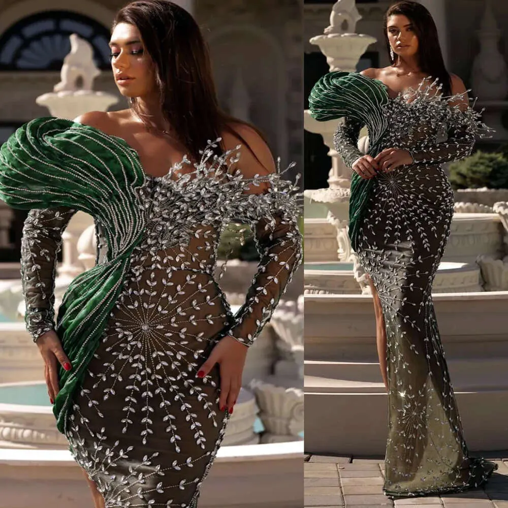 Ebi Dark Aso green Arabic Prom Prom Платье кристаллы