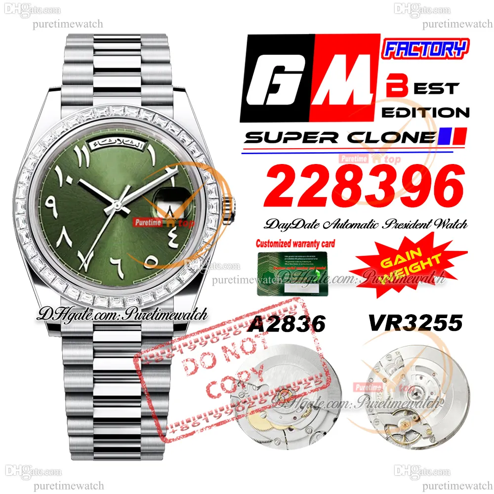228396 DayDate A2836 VR3255 Automatische Herren Watch GMF V3 Meteoriate Baguette Diamond Lünette Grüne Arabisch Dial 904L Stahlarmband Super Edition Gewicht