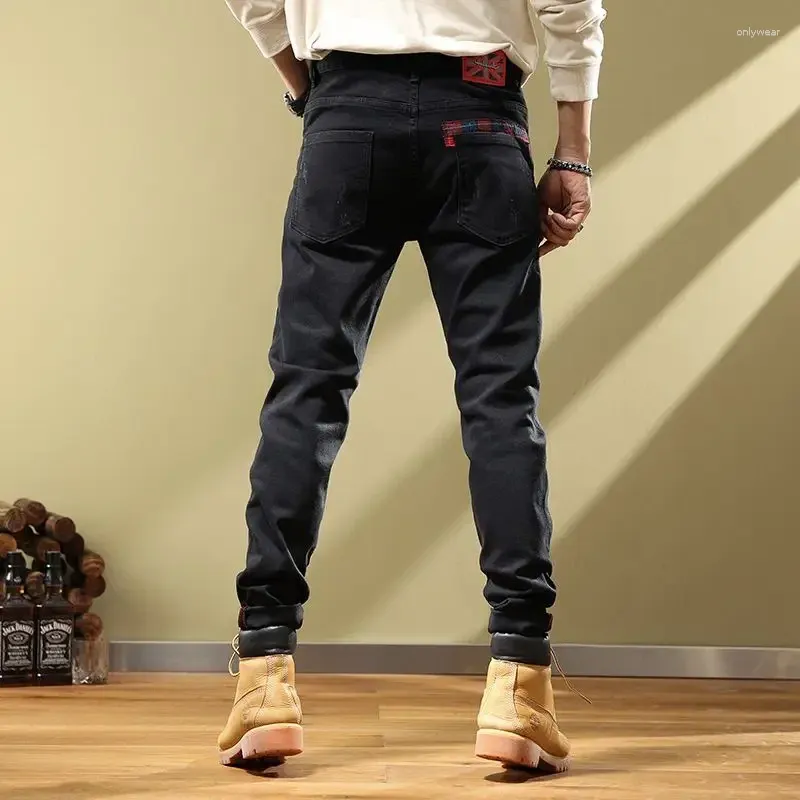 Men's Jeans For Men Trousers With Holes Male Cowboy Pants Torn Broken Ripped Pockets Cropped Black Print Washed Korean Style Xs