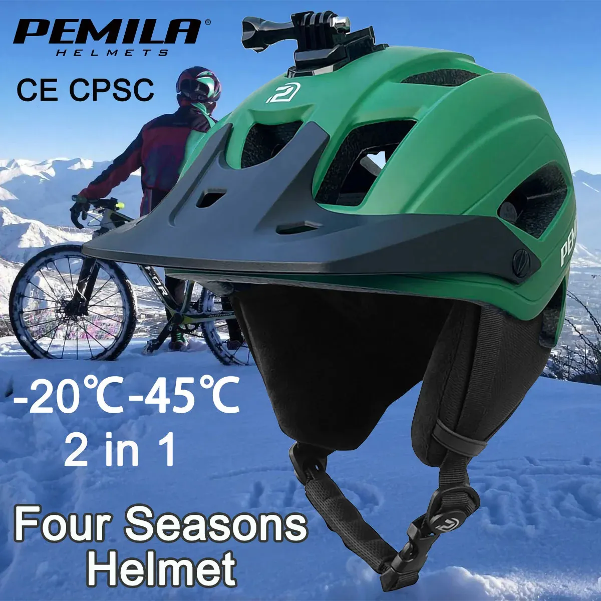 PEMILA 2 In 1 Four Seasons Cycling Helmet MTB Road Bicycle Safety Cap Racing Warm Removable Ear Protection Bike 240422