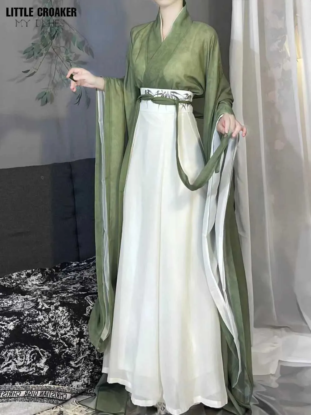 Etniska kläder kvinnor hanfu söt prinsessklänning cosplay kimono performance grön kinesisk topp + kjol han fu kläder kinesiska traditionella kostymer