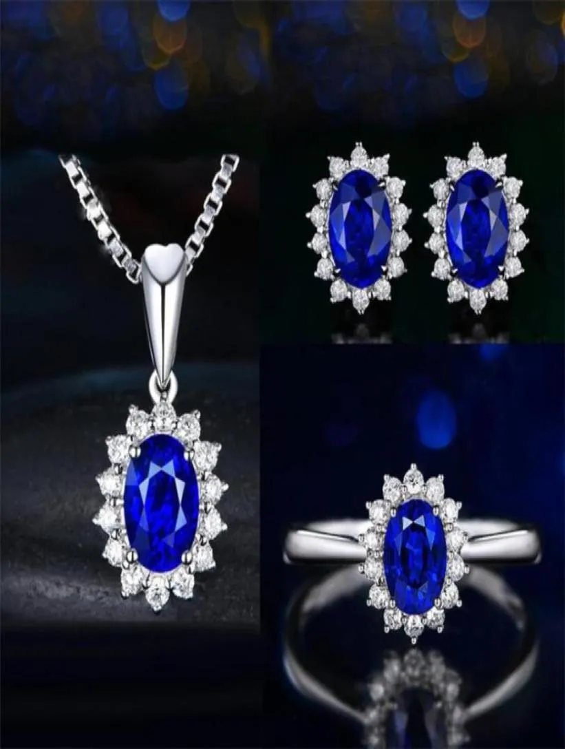 Ny ankomst Saprkling Luxury Jewelry Set 925 Sterling Silver Oval Cut Blue Sapphire Cz Diamond Women Wedding Earring Ring Necklace1204710