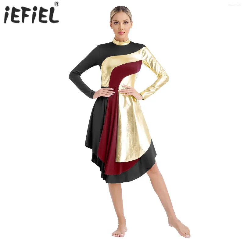 Robe De Danse Liturgique à Manches Longues Pour Femme Bicolore Métallisé, Blanc + Or, M