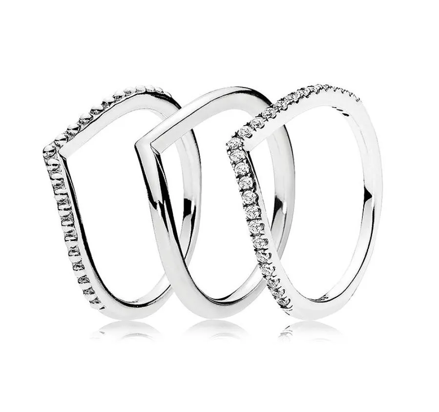Authentic 925 Sterling Silver Ring Wish Bone Ring Set With Crystal Stack Rings For Women Wedding Party Gift Fine Europe Jewelry4111315