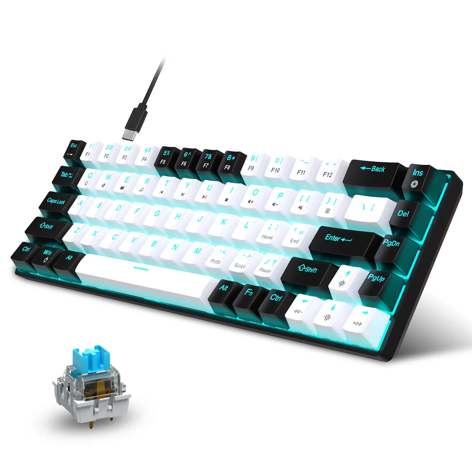 68 toetsen mechanisch toetsenbord ergonomie RGB LED -swappable blauwe schakelaar gaming toetsenbord voor pc -laptopkantoor 240429