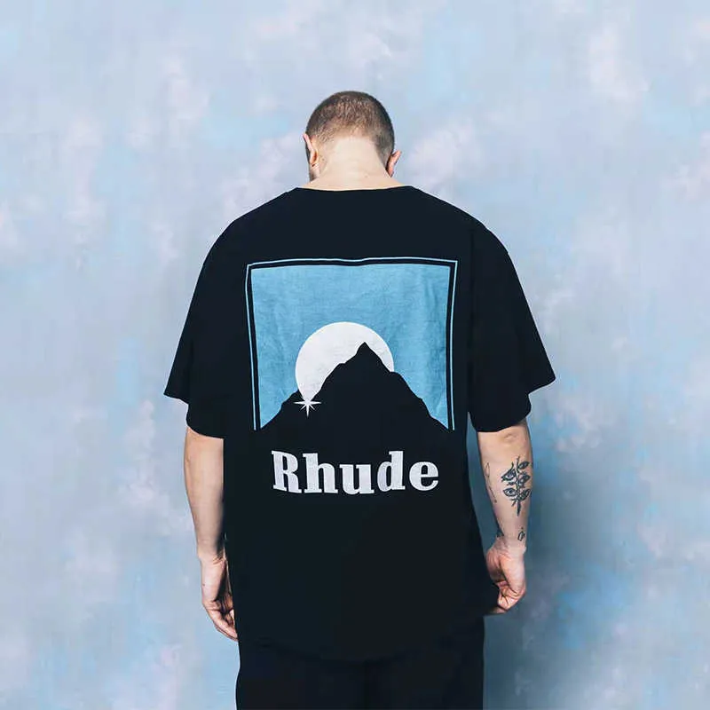 Högkvalitativ original Rhuder Designer T Shirts Classic Sunset-tema Tryckt High Street Unisex Loose Casual Short Sleeve Round Neck T-shirt med 1: 1 logotyp