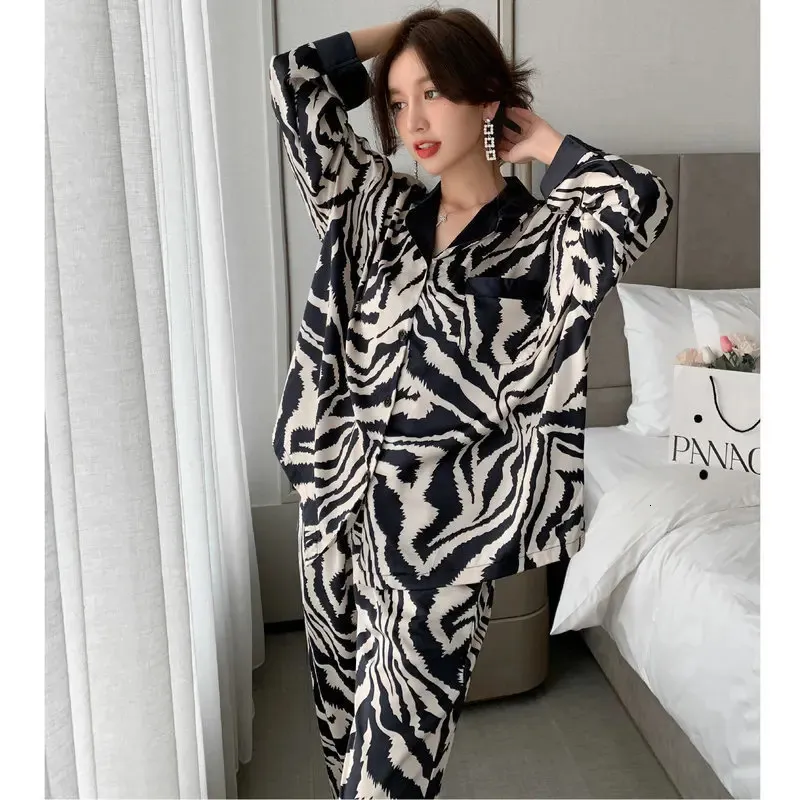 Pijamas de 2 peças femininas conjuntos de zebra listras pijama faux seda cetim lapela de lapela feminino