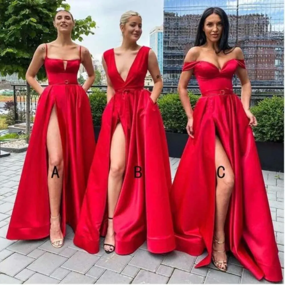 Ligne Red Satin Bridesmaid High A Robes Split Floor Longueur Custom Fabriqué en V Couper Plus taille sans manches country plage Méidro d'honneur Verstidos Estidos