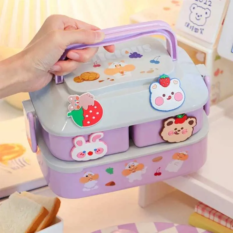Bento Boxes Kawaii Portable Lunch Box For Girls School Barn Plastic Picnic Bento Box Microwave Food Box med fack Lagringsbehållare