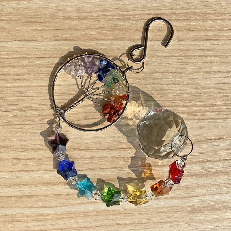 Decorazioni Tree of Life Suncatcher Crystal Ball Prism Pendant Rainbow Maker Hanging Sun Catcher Gemsones Ornament Ornament Home Garden Decor