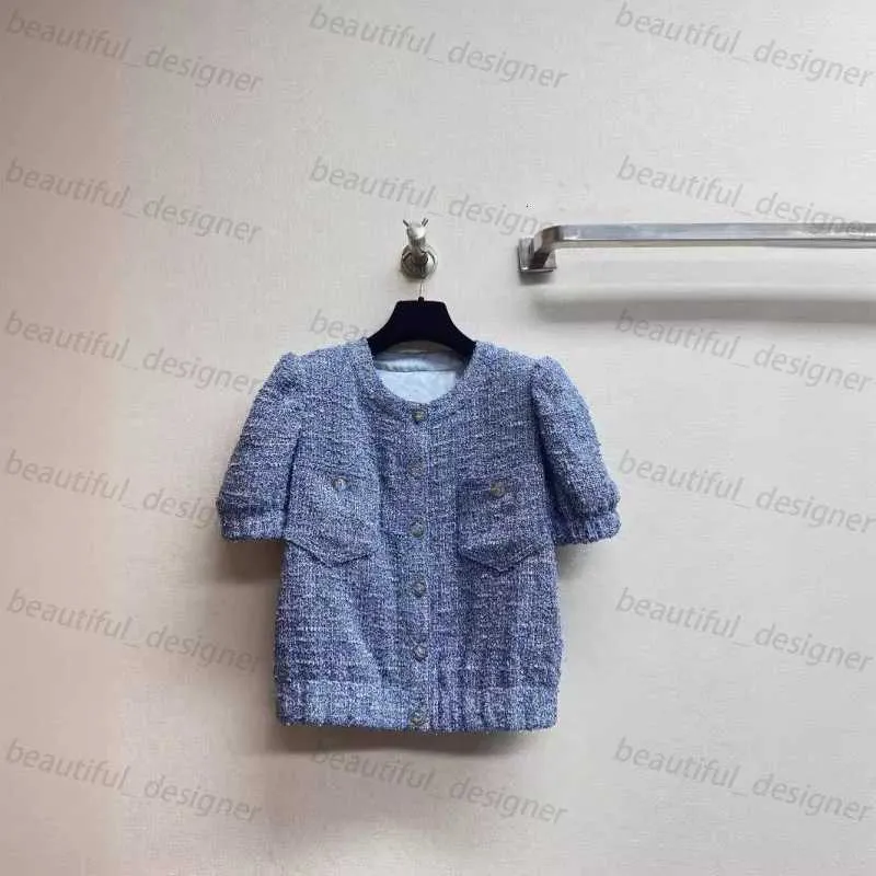 Luxury designer women's jacket Spring/Summer New Product Small Fragrant Blue Thin Tweed Short sleeved Coat