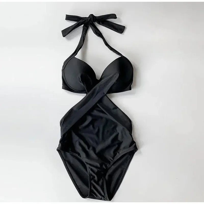 ins style sexy black one-piece swimsuit women's big and small chest steel plate gathered swimwear swimwear