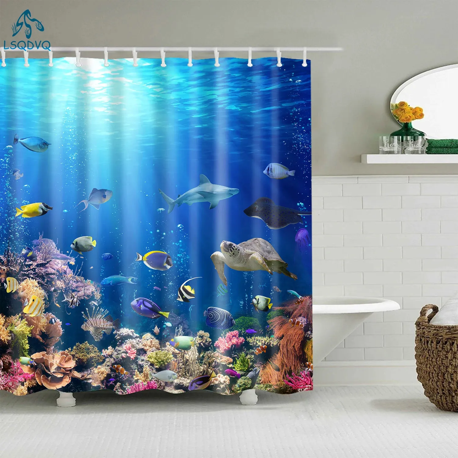 Sea Animals Fish Cartoon Shower Curtain Bathroom Curtain Frabic Waterproof Polyester Bath Curtain with Hooks 240423