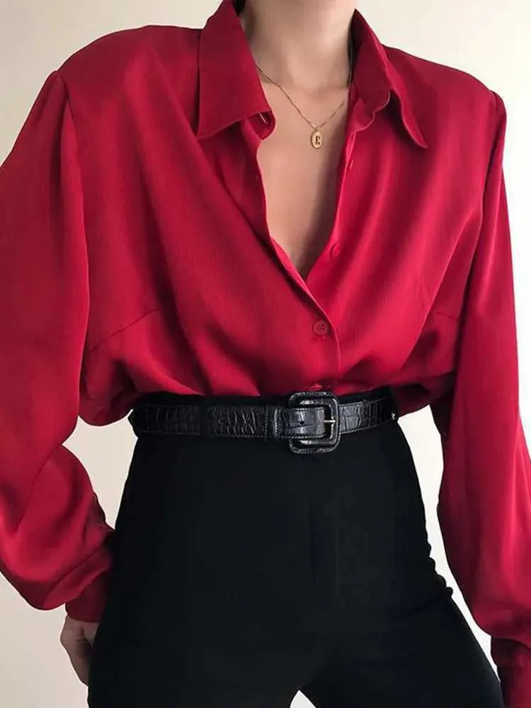 Women's Blouses Shirts Women Button Blouses Turn Down Collar Shirts Office Lady Long Slve Casual Blouse Loose OL Shirt Baggy Tops Red/Wine Red /Black Y240426