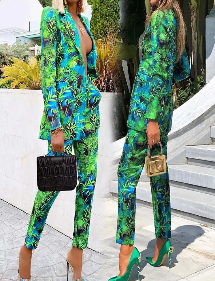 Autumn Women Pant Suits Green Jungle Print Blazer Vintage Streetwear långärmad kappa och hög midjebyxa 2 -stycken Set1450211