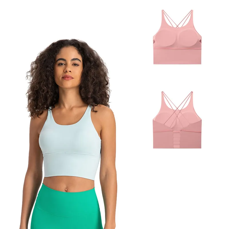 Bra esportivo longline feminino com tanques de treino de brasas de ioga de back strappy acolchoadas e removíveis