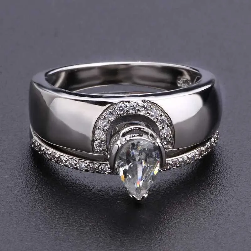 Eheringe exquisite Frauen silberne Farbe Wasserdrop Metall eingelegtes weißes runde Zicron Stones Ring Set Hochzeitsverlobungsringe Schmuck